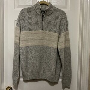 BKE Buckle Sweater Men LARGE 1/4 Zip‎ Lt Gray/Cream Textured Knit Pullover Heavy